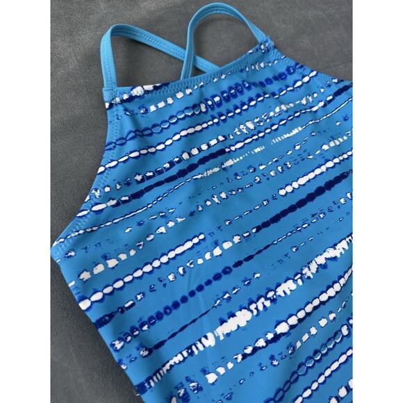 Lands’ End Girls Size 8 Medium Swimsuit One Piece Blue Dot Stripes Bathing Suit - Picture 2 of 7
